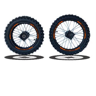 set cerchi  gomme 17 14 perno ruota 15mm racing 3 arancio